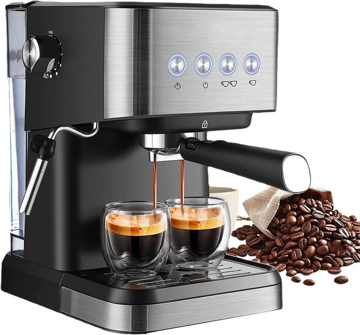Koffiemachine - Espresso apparaat - Verse koffie zetten - Zet twee koppen tegelijk - 1.5 liter tank - Zwart