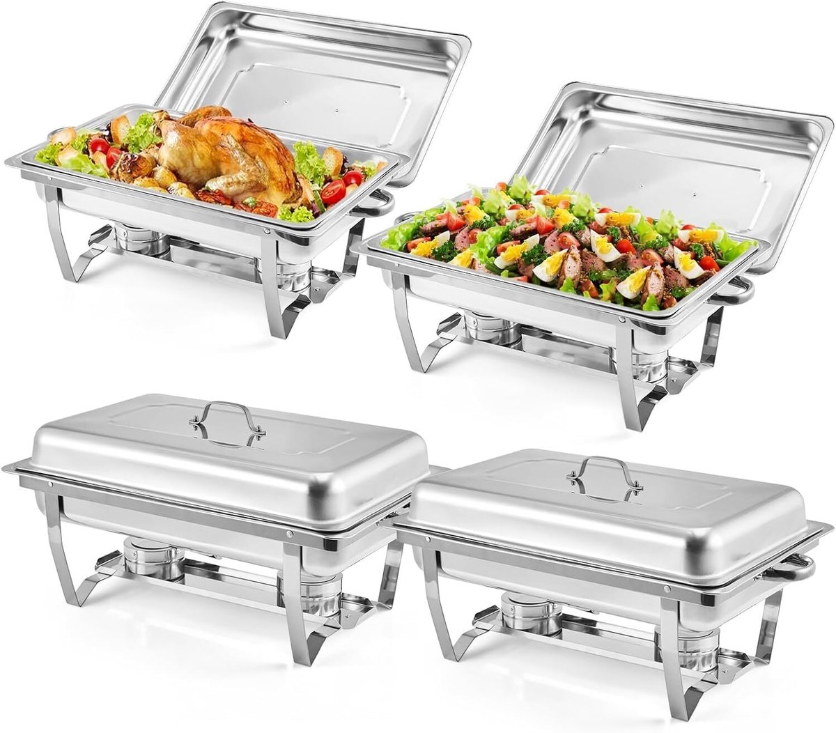 Chafing Dish Set van 4 - 9 Liter (8 Qt) - RVS Buffetwarmer - Inclusief Deksel & Brandstofhouder - Opvouwbaar - Voor Catering, Feesten & Bruiloften - Zilver