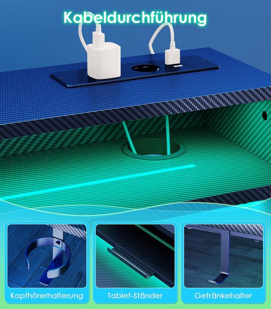 OffiGo Gaming Bureau, 140cm Elektrisch in Hoogte Verstelbaar Bureau met RGB LED & Stopcontacten, Staand Desk met 3 Open Opbergruimtes, Bekerhouder Hoofdtelefoonhaak, Koolstofvezel Tafelblad, Zwart — afbeelding 4