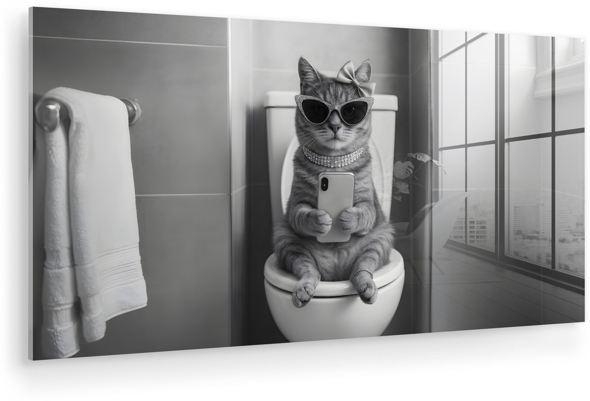 MuchoWow® Glasschilderij 120x60 cm - Schilderij acrylglas - Kat - Telefoon - Toilet - Zwar