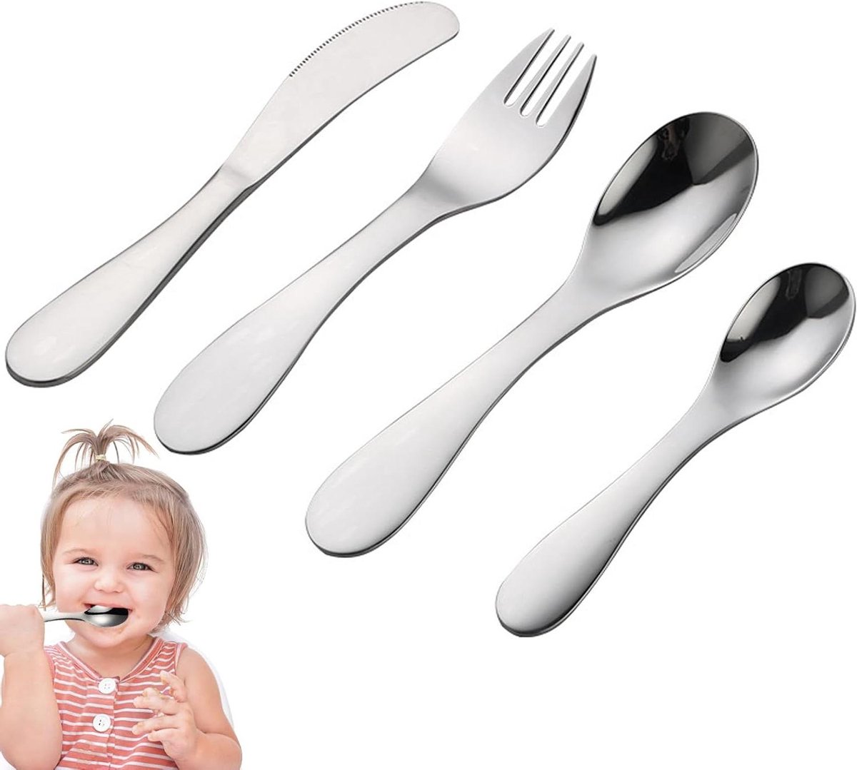 Kinderbestek Set - Roestvrij Staal - Zelfstandig Eten - Draagbaar en Compact - 4 Delig - Zilverkleurig