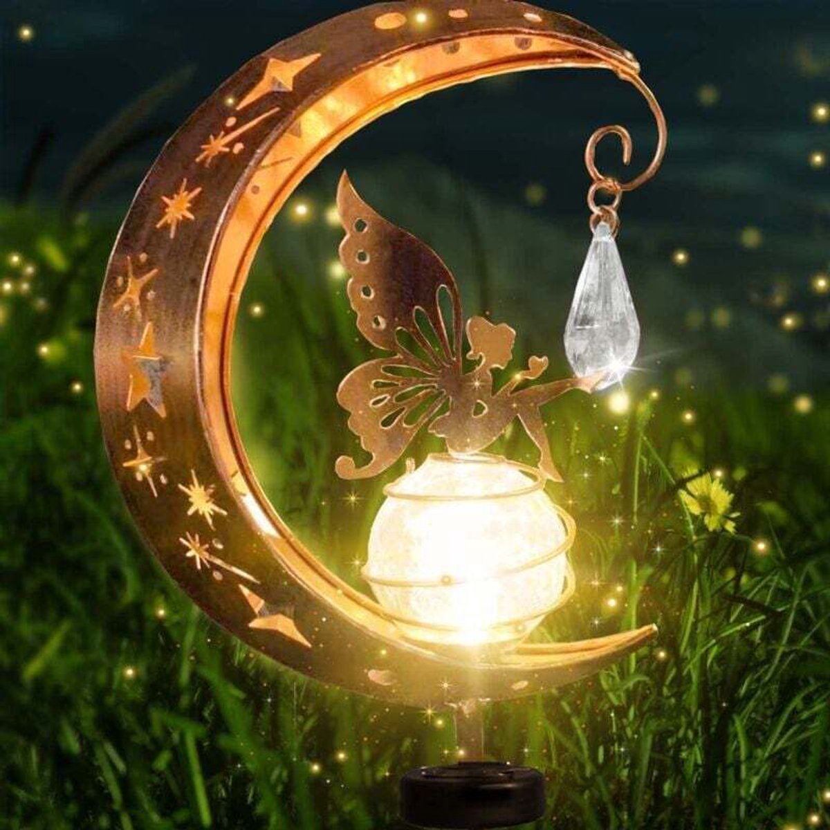 Maanvormige solar tuinlamp, terrasdecoratie, geschikt vooraal, op zonne-energie werkend maanvormig ontwerp, glazen LED-lamp, tuinverlichting, waterdichte lichtpaal