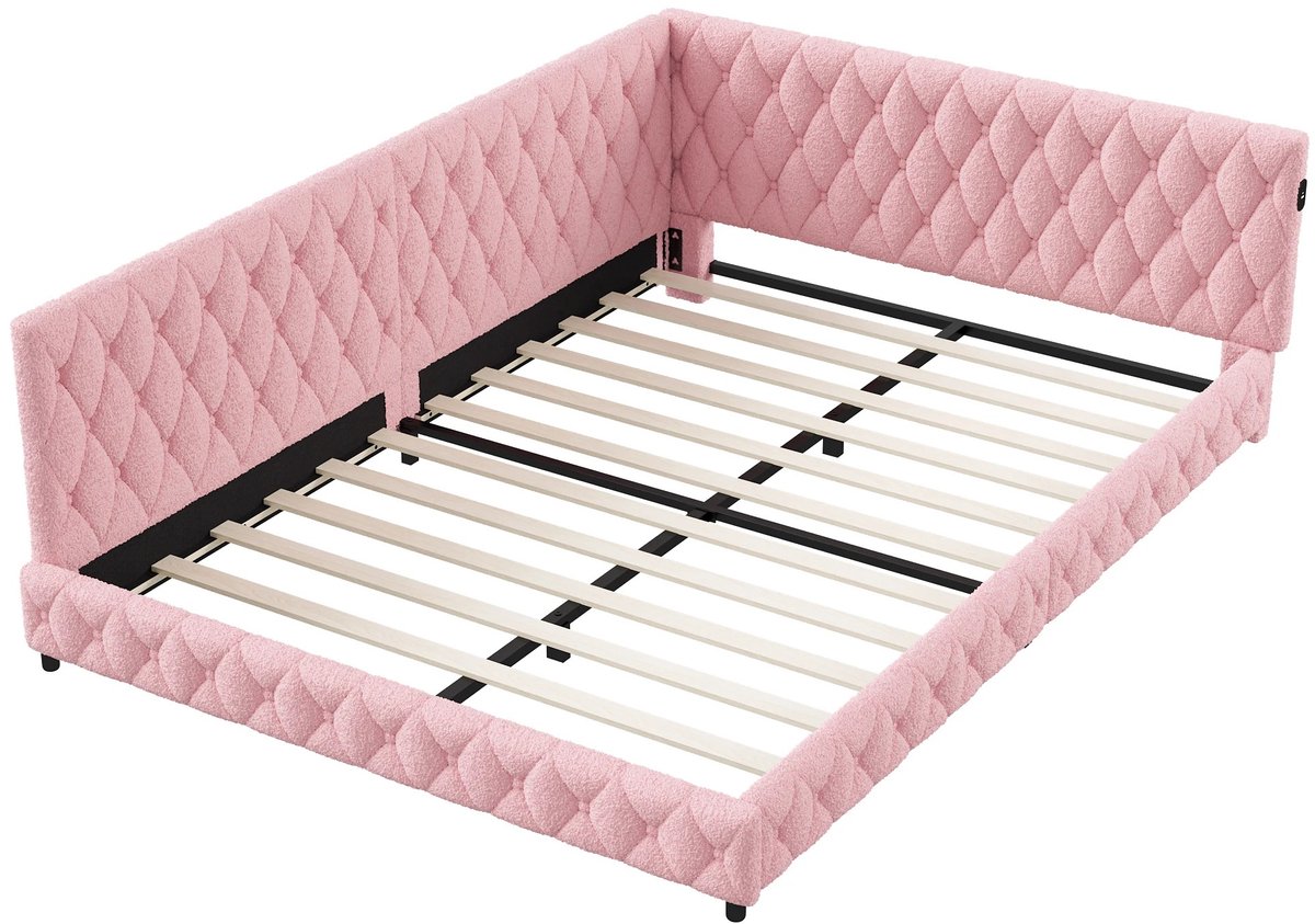 Velmio Kinderbed Tweepersoons - Gestoffeerd Bed - 140x200 cm - Met LED-Verlichting En USB - Slaapbank - Voor Tieners - Zonder Matras Roze fluweel