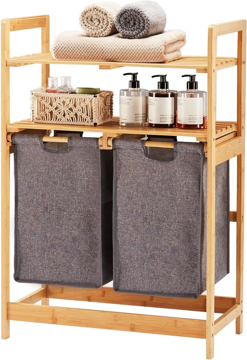 Bamboe Wasmand met 2 Planken en Uittrekbare Waszakken voor Badkamer, Slaapkamer en Waskamer, 93 x 64 x 33 cm, Grijs, Ruimtebesparend en Stijlvol Design