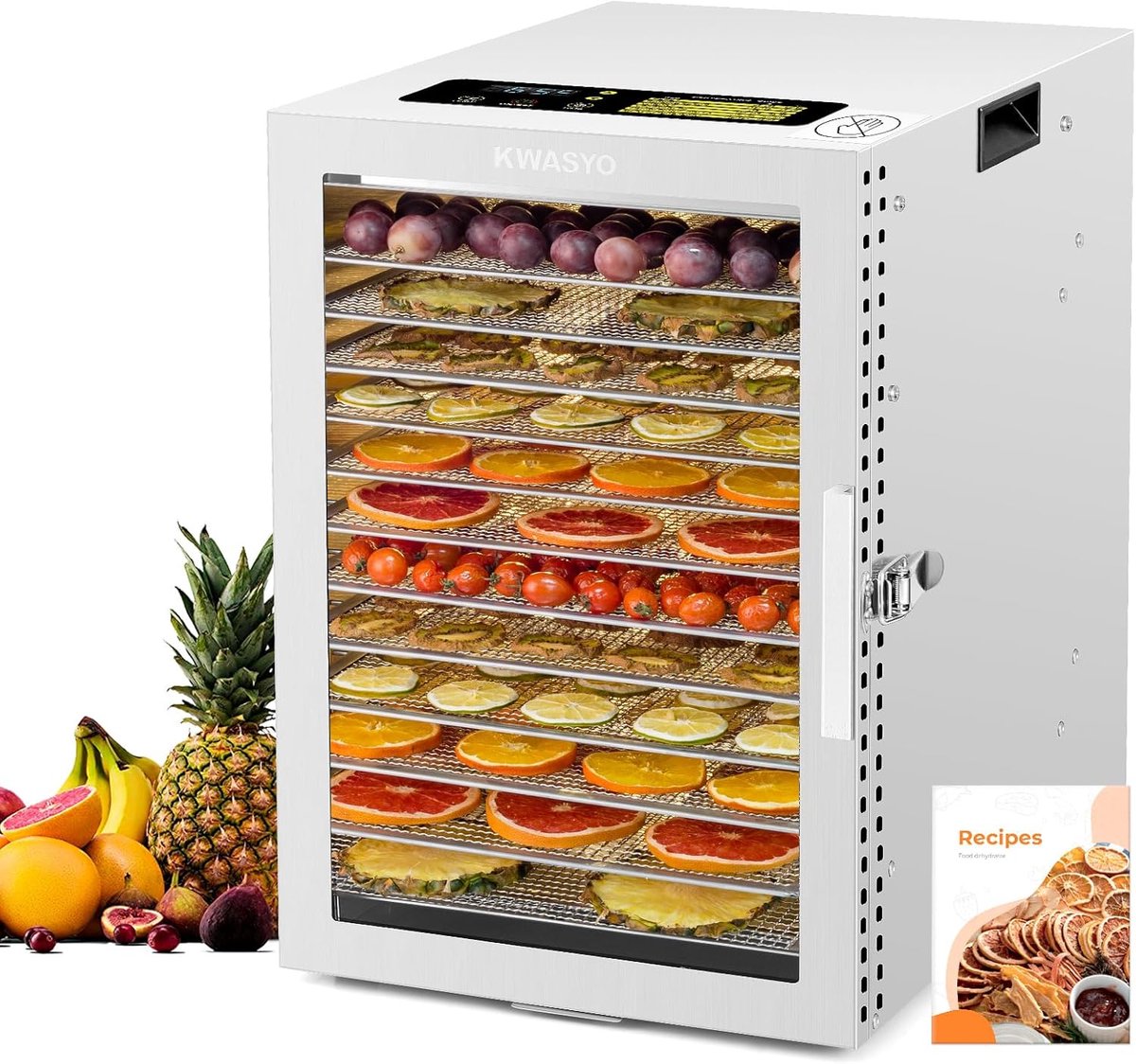 Voedseldroger Roestvrij Staal - Drogermachine Keuken - Voedsel Drogen - Dubbele Ventilator 360 Graden - 12 Vakken - Zilver