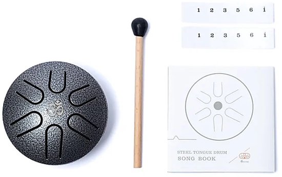 Hluru Mini Panschaal / Tongue Drum - 6 Noten A Majeur - Staalgrijs - Klankschaal voor Meditatie - Inclusief Mallets & Boekje van Merkloos — afbeelding 3