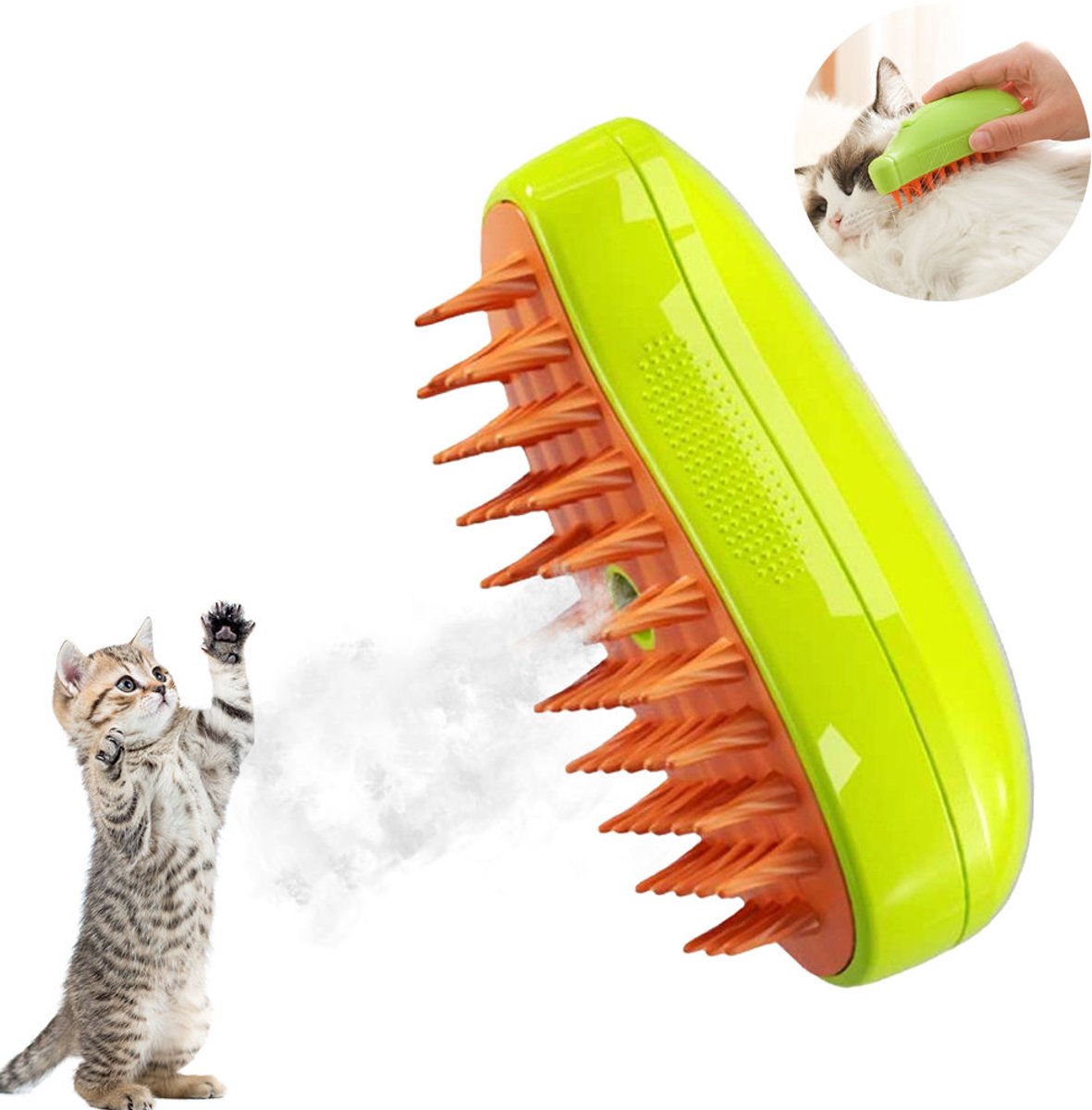 3-in-1 stoomborstel voor huisdieren met mangoprint | Stoomreiniging, ontwollen en massage voor katten en honden