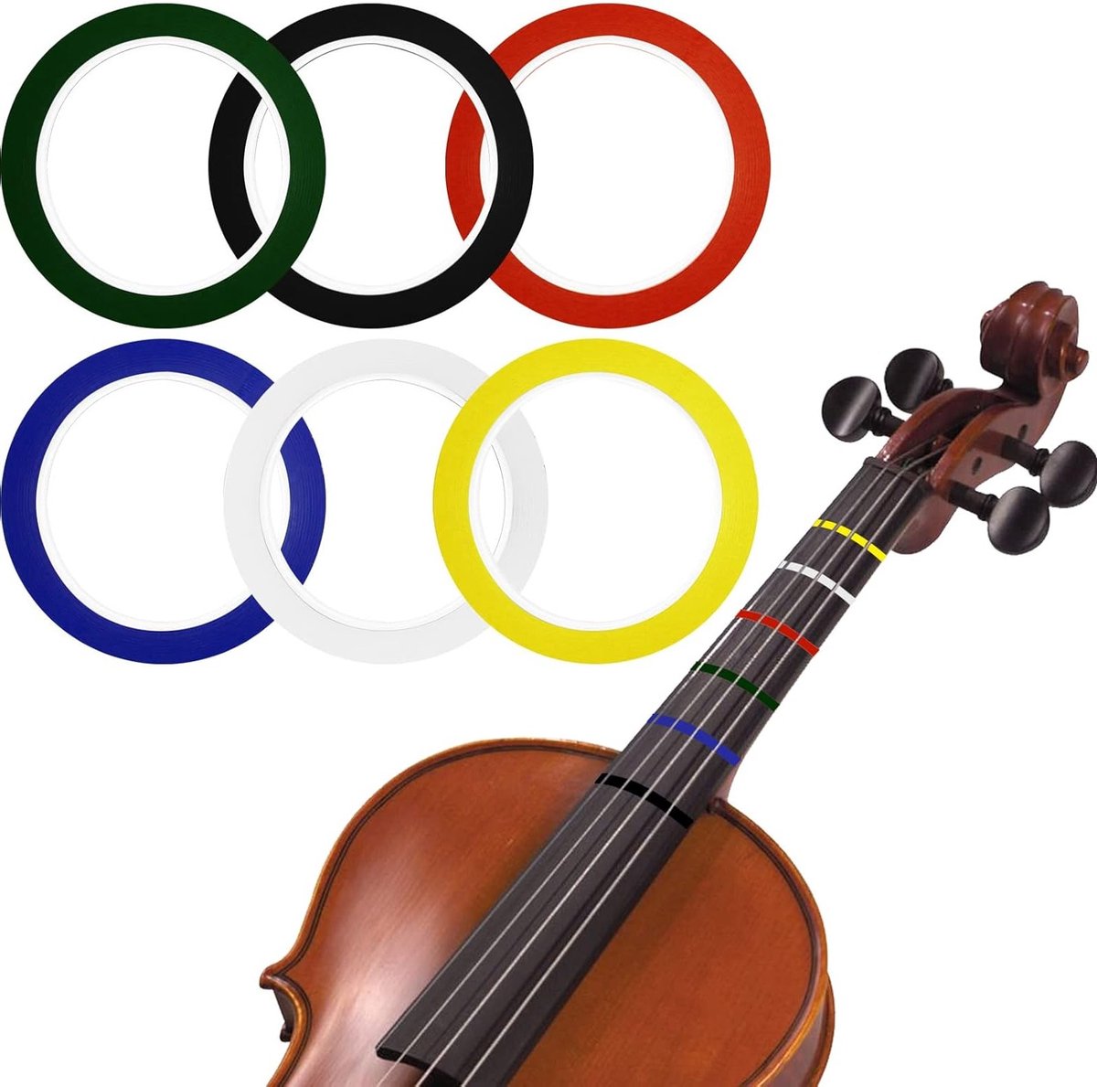 Set van 6 Vingerbanden voor Viool, Sleutelstickers en Cello Band - 66 mm Gripband voor Beginners, Orkestinstrumenten en Vioolaccessoires in 6 Kleuren met Handleiding