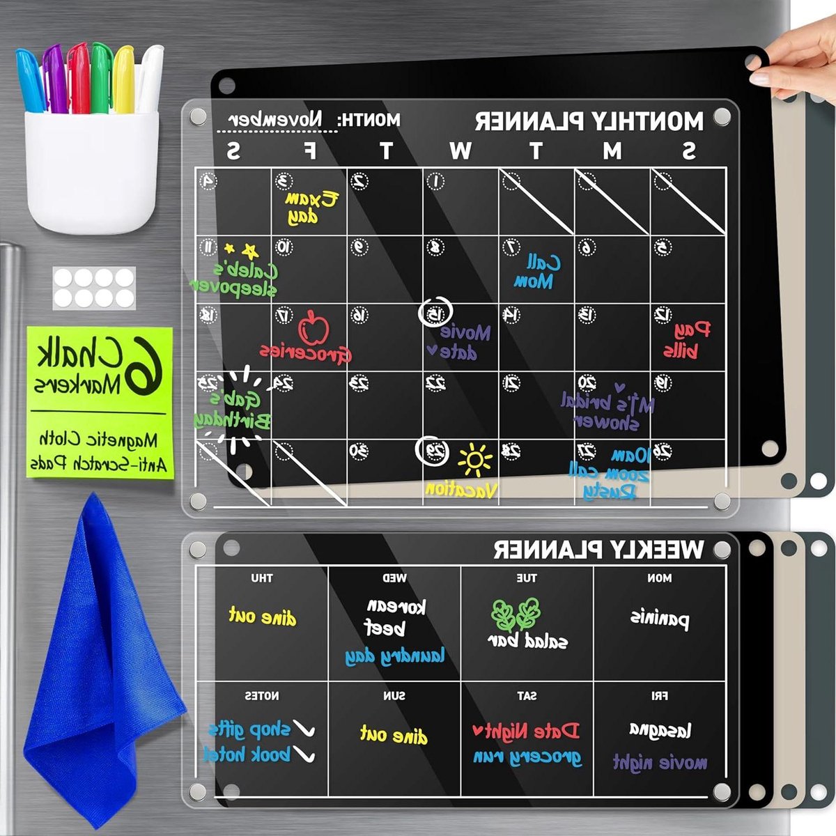 Koelkastkalender Acryl - Magnetische Planner - Huishouden Organiseren - Met Verwisselbare Achtergronden - 43 x 32.59 cm - Zwart