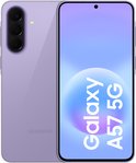 Samsung Galaxy A57 5G smartphone in paars. Drie camera's aan de achterkant. De voorzijde toont een lichtpaars scherm met "Galaxy A57 5G" tekst.