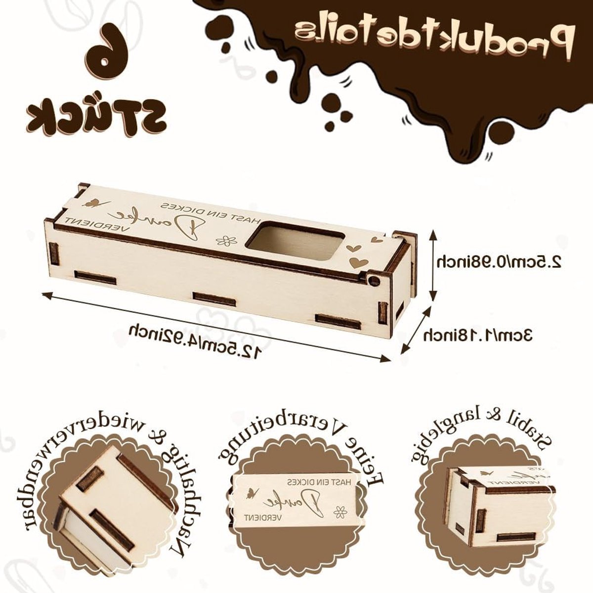 Houten geschenkdoos voor chocolade – 6 stuks – Bedankjes voor collega's – Kleine chocolade repen verpakking – Perfect als afscheidscadeau