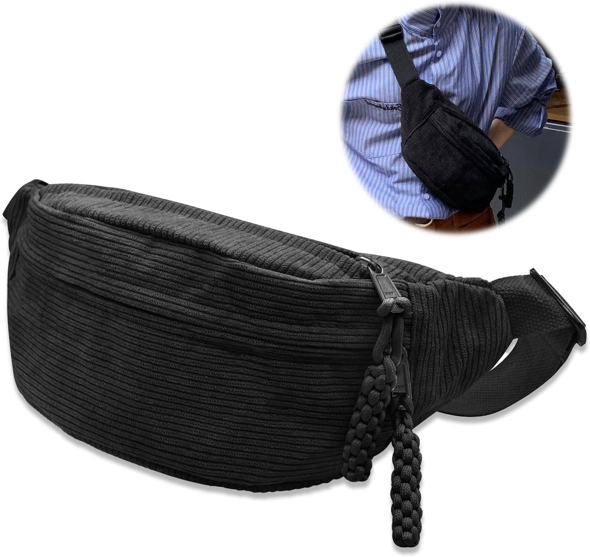 Stijlvolle Corduroy Heuptas voor Dames en Heren - Verstelbare Schouderriem, Ideaal voor Vrije Tijd en Sport, Zwart Crossbody Tas