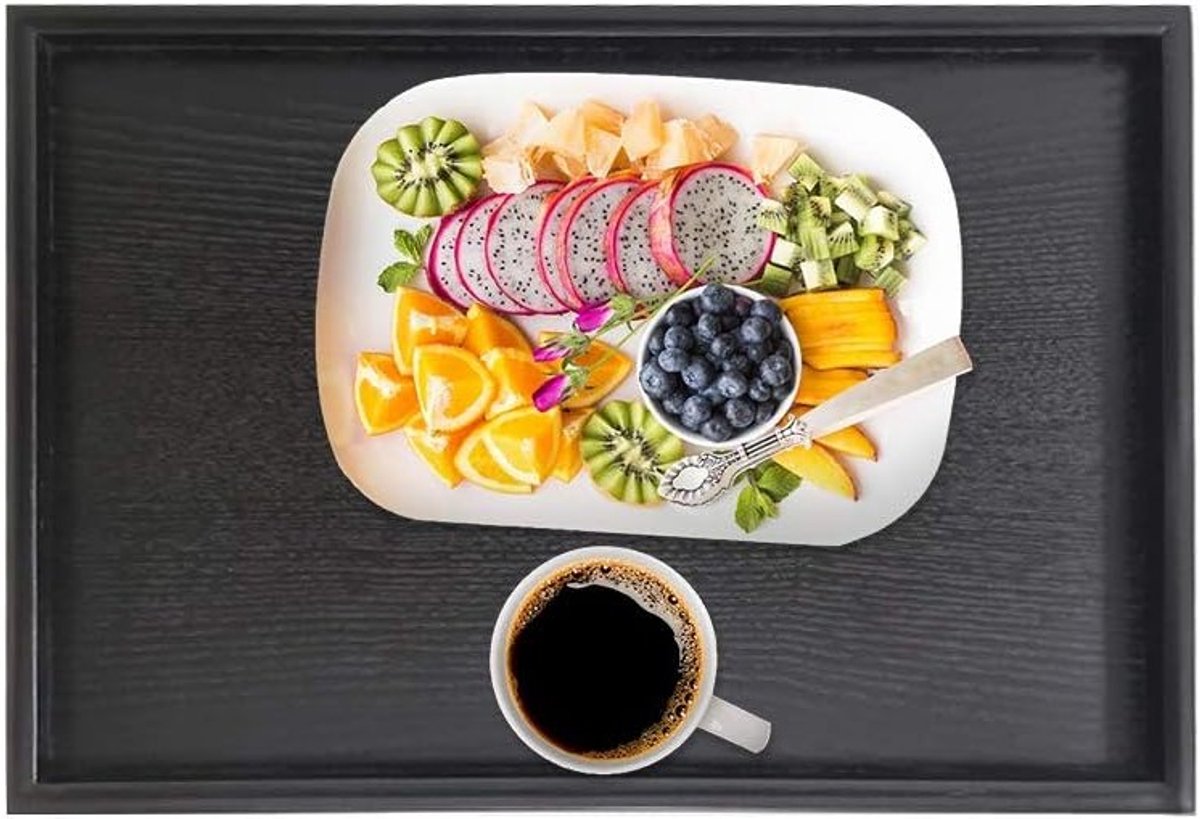 Rechthoekige zwarte houten serveertray voor thee, koffie en snacks - 25 x 18 x 2 cm, ideaal voor restaurants en thuisgebruik