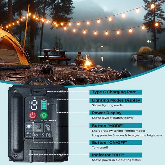 Dimbare zonne-energie buitenverlichting, 8 standen, 9 meter, 15 LED's, IP65 waterdichte lichtslinger voor tuin, terras, tuin, pergola, feest van Merkloos — afbeelding 3