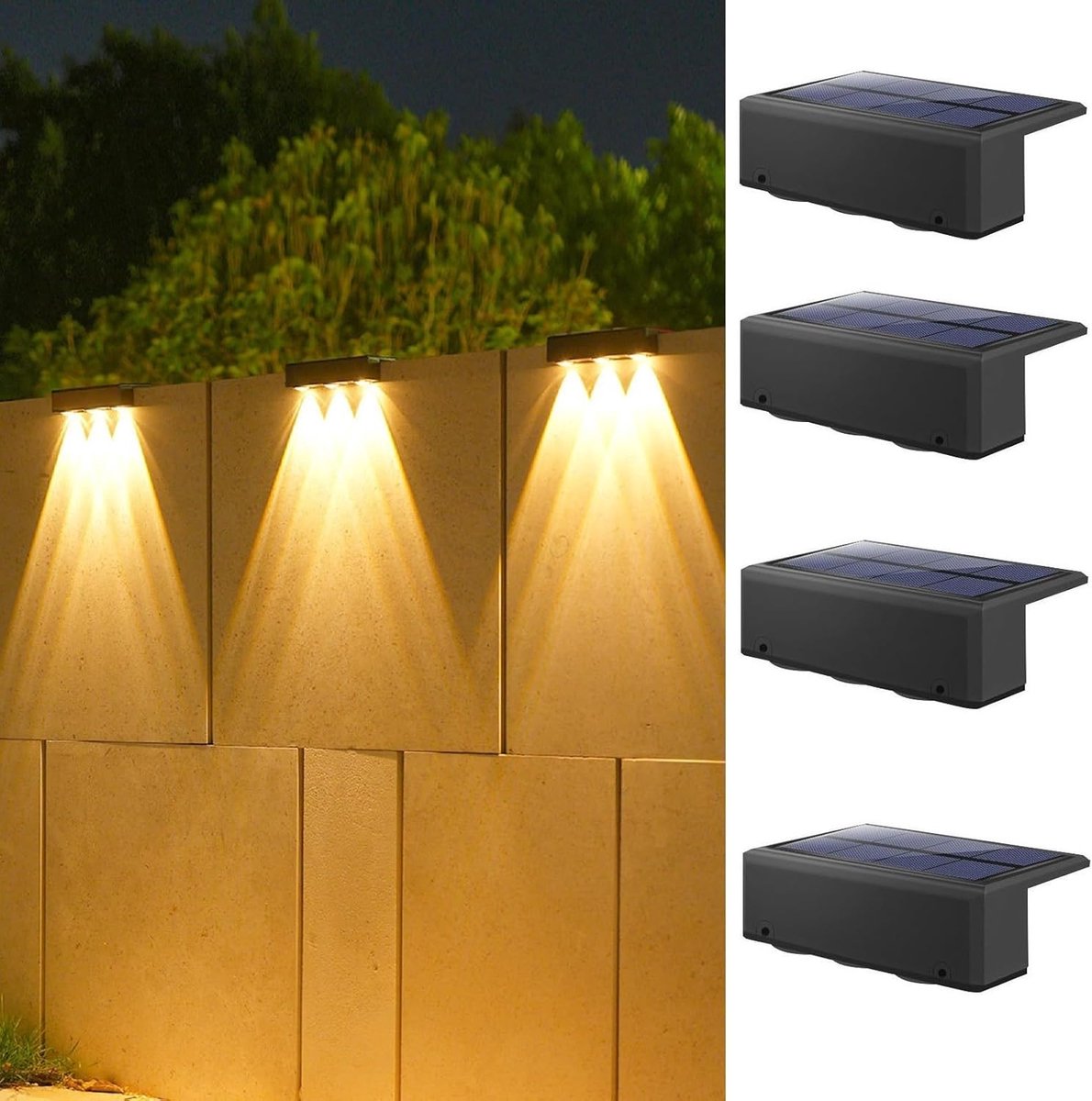 LED-strip op zonne-energie voor buiten, geschikt voor gebruik in achtertuinen, op hekken, trappen, bij zwembaden, binnenplaatsen en muren (warm licht). (4 stuks)