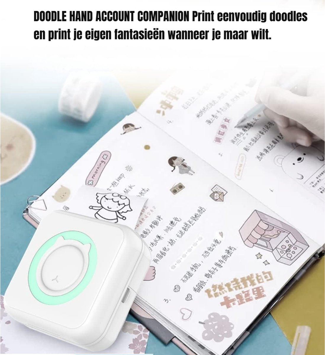 Aura® Mini Printer – Inclusief Thermisch/Zelfklevend/Etiket-Papier, USB-kabel, Aquarelpen, Transparant Sticke – Foto Printer Draadloos – Mobiele Fotoprinter - Wit/Mintgroen - 10cm x 10cm x 4cm thumbnail 4