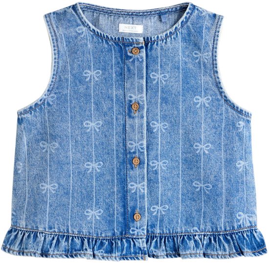 Blauw denim gilet met verticale strepen en strikprint, met knopen en ruches aan de onderkant.