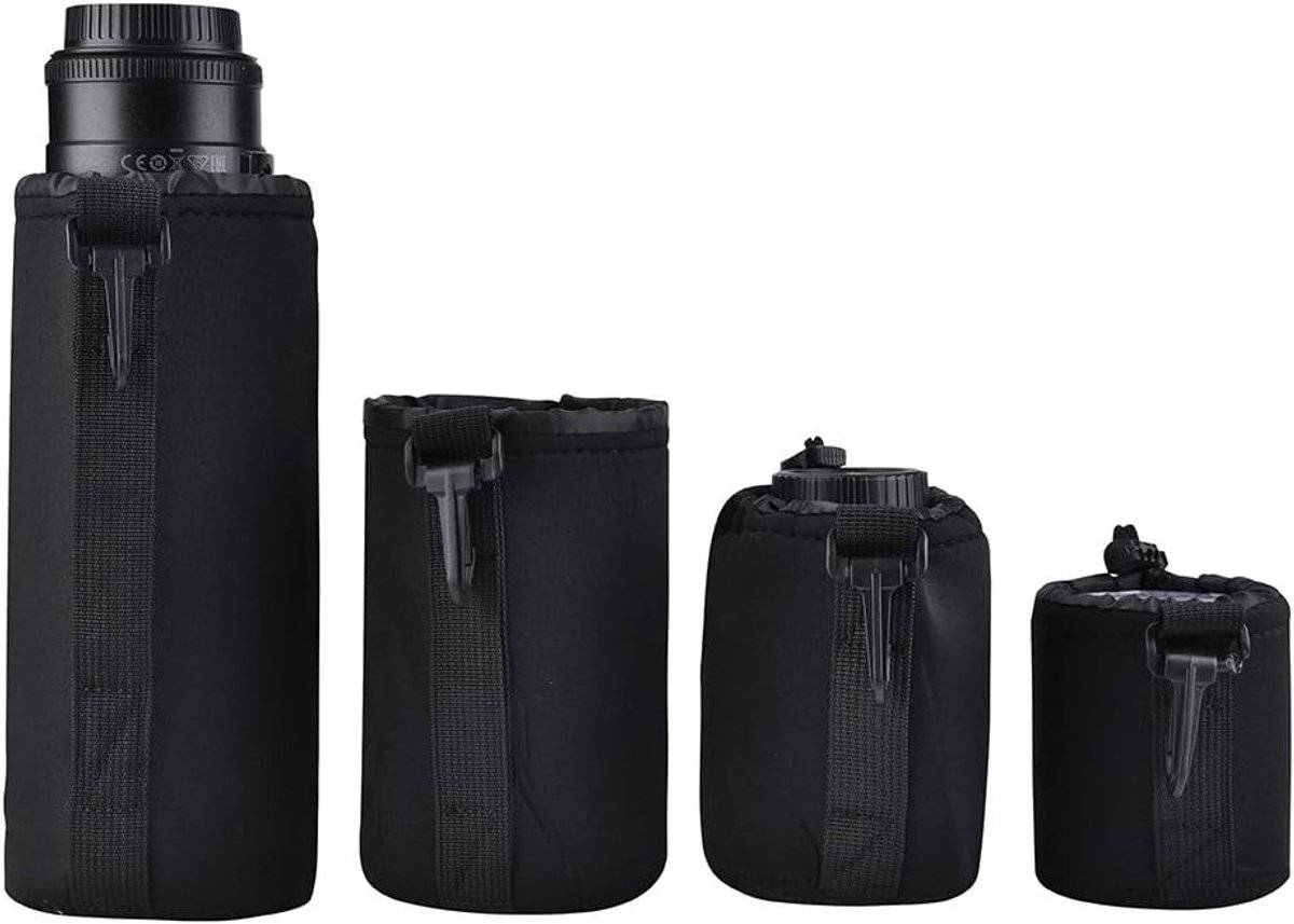 Zwarte Nylon Camera Lens Tassen - Set van 4, Met Snelsluiting en Bevestigingsclip voor Gemakkelijk Toegang en Veiligheid