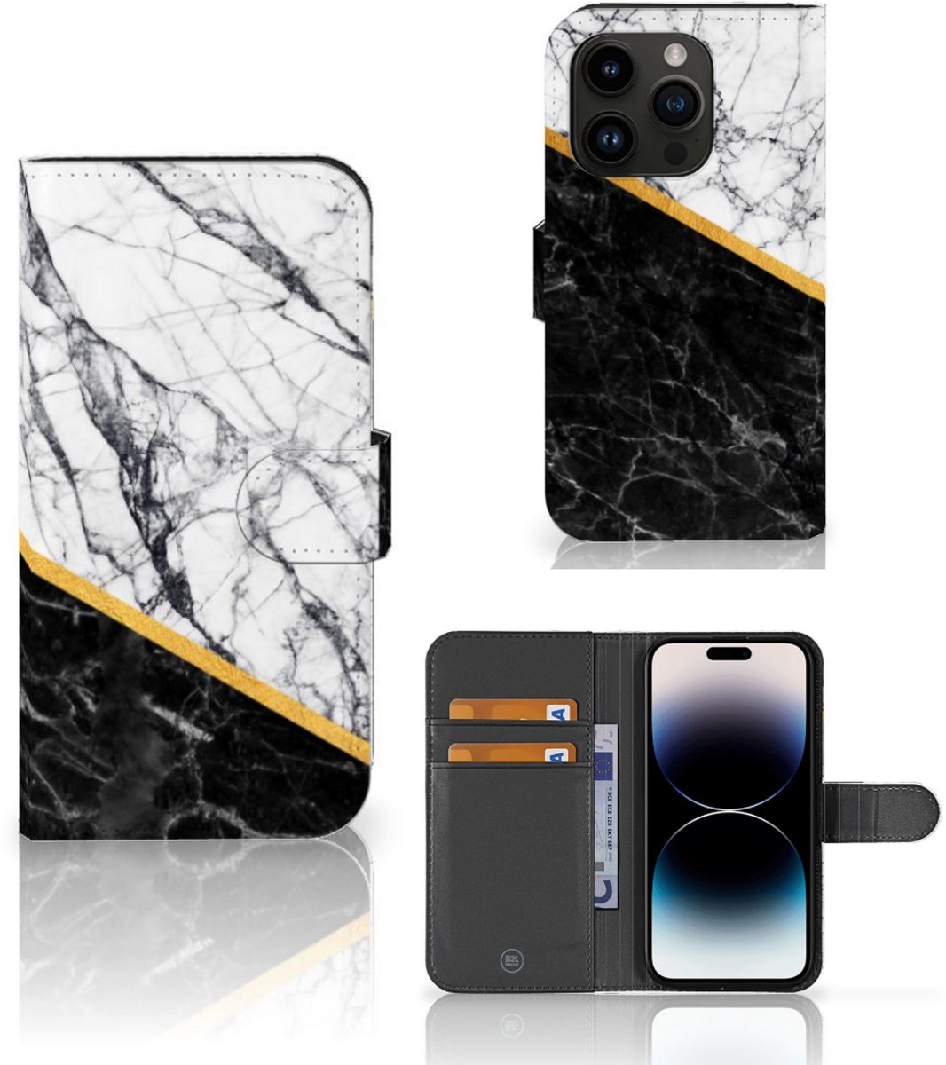 Boekhoesje voor iPhone 15 Pro Bookcase Marmer Wit Zwart - Origineel Cadeau Man