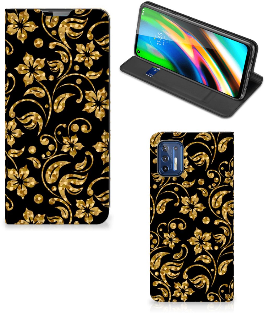 Motorola Moto G9 Plus Smart Cover Gouden Bloemen