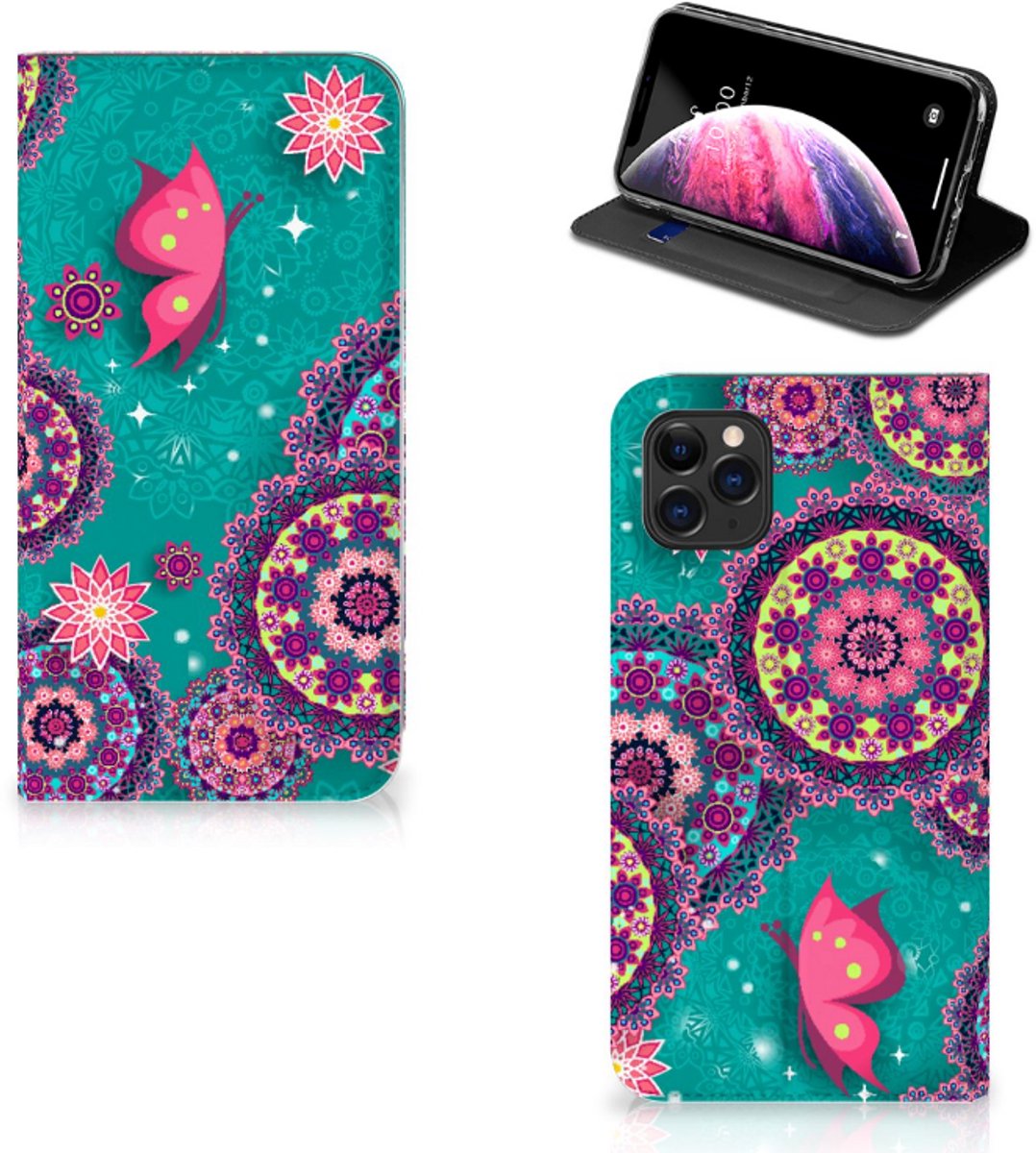 Standcase Hoesje voor Apple iPhone 11 Pro Max Bookcase Cirkels en Vlinders