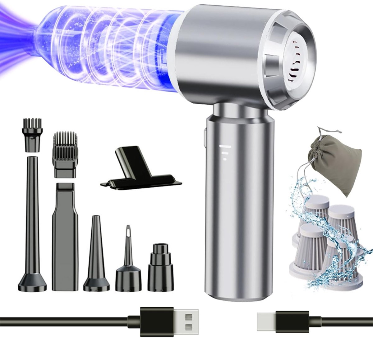 SNJY® Auto Stofzuiger - Kruimeldief - Handstofzuiger - Kruimelzuiger - 6 Opzetstukken - Zuigen en Blazen - 22000Pa - 120W - Grijs