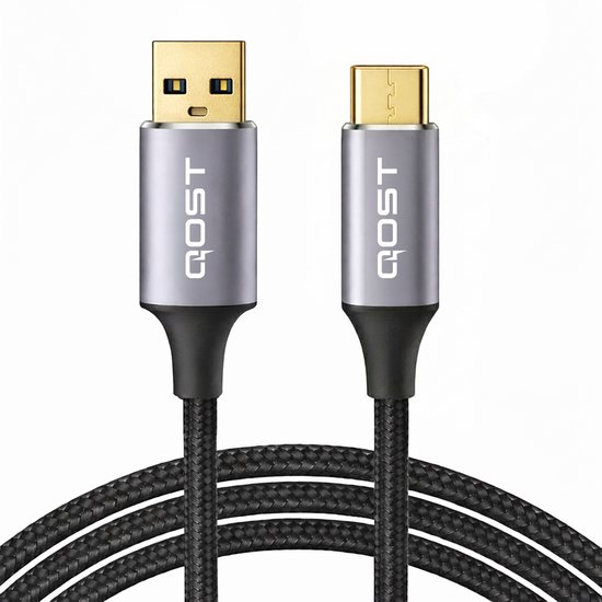 Qost - Câble USB-A 3.0 vers USB-C - 3 mètres - Zwart - USB3. 0 Male vers type C Male 3A – Charge Fast