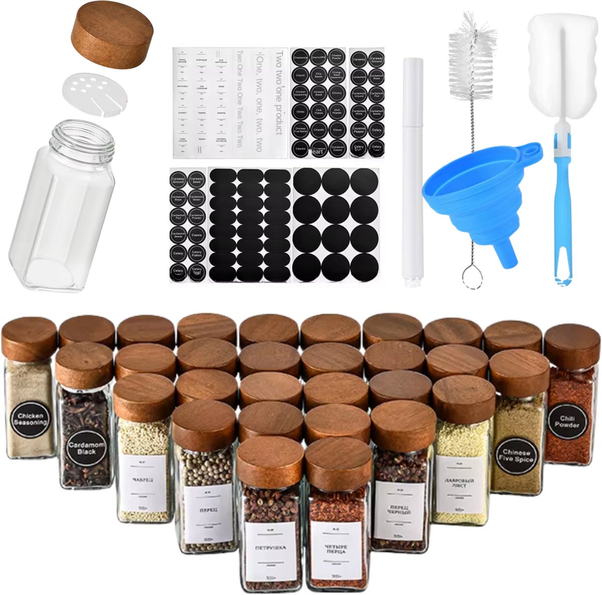 Luxe Set van 36 Glazen Kruidenpotjes - 120 ml - Met Houten Draaideksel, Stickers en Accessoires - Kruidenpotten voor Kruidenrek of Specerijen Organizer