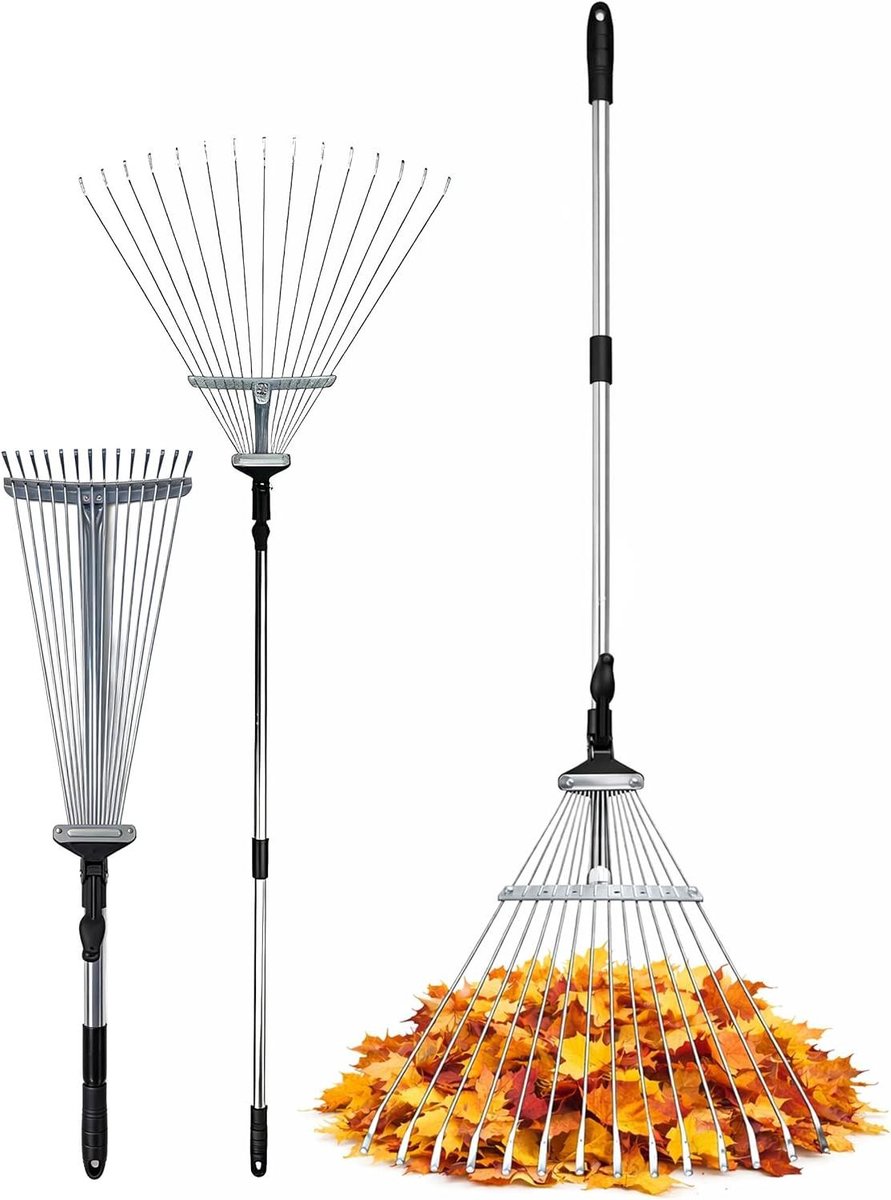 Tuinhark met telescoopsteel - Verstelbare hark Bladhark - Gazon opruimen - 15 uitbreidbare tanden - 80 tot 160 cm - Zilver