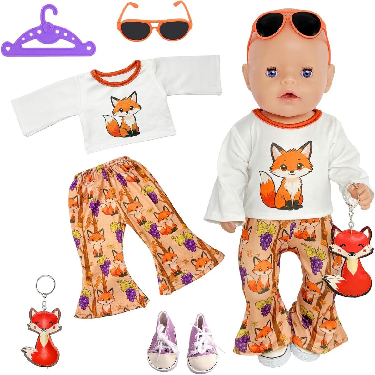Kleding voor 35-43 cm Poppen, 6-delig Set met Fox Outfit, T-Shirt, Flared Broek en Accessoires