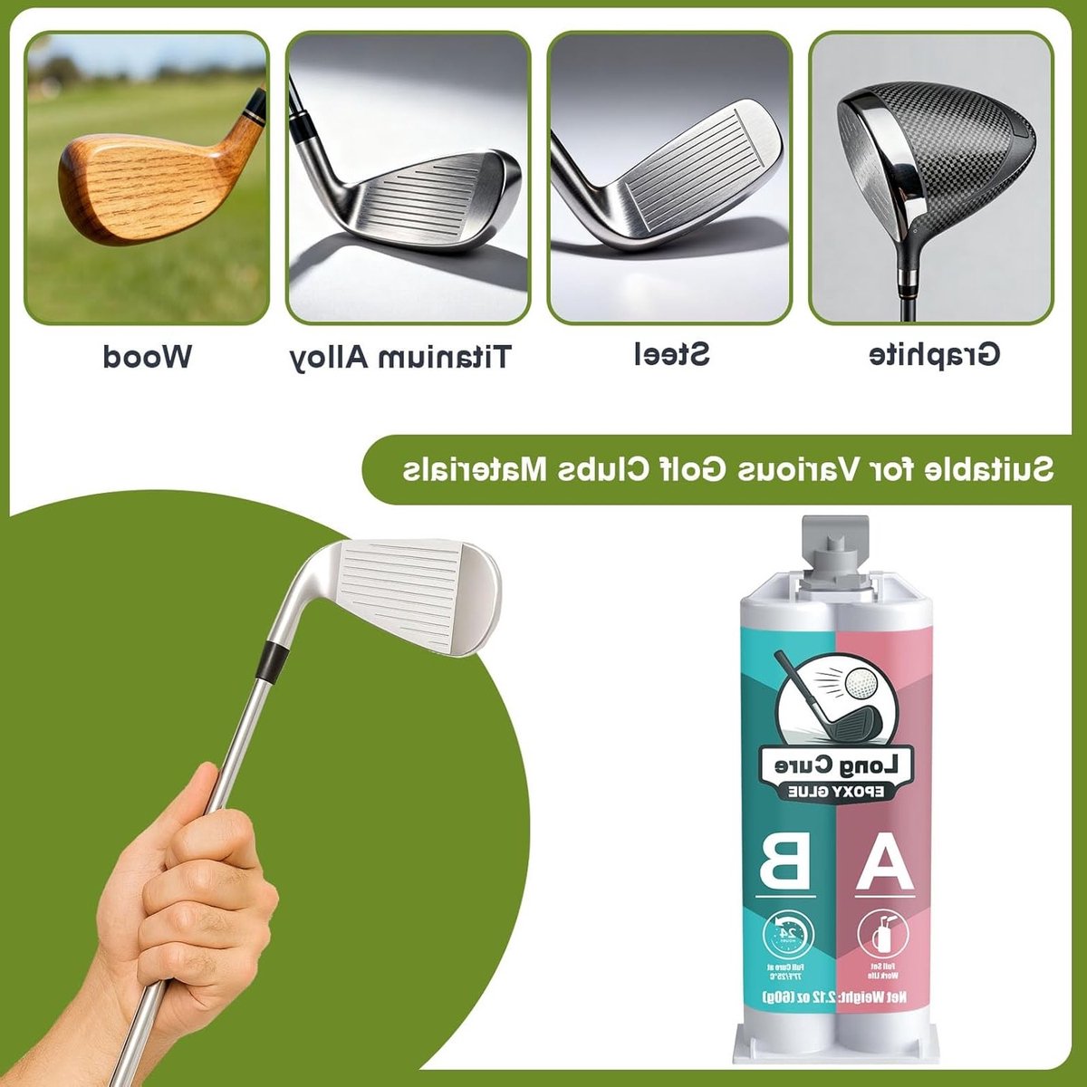 Epoxyhars voor Golfclubs, 60 ml, Extra Sterk en Duurzaam, Geschikt voor Racketkoppen, Drivers en Putters, Compatibel met Grafiet en Stalen Schachten