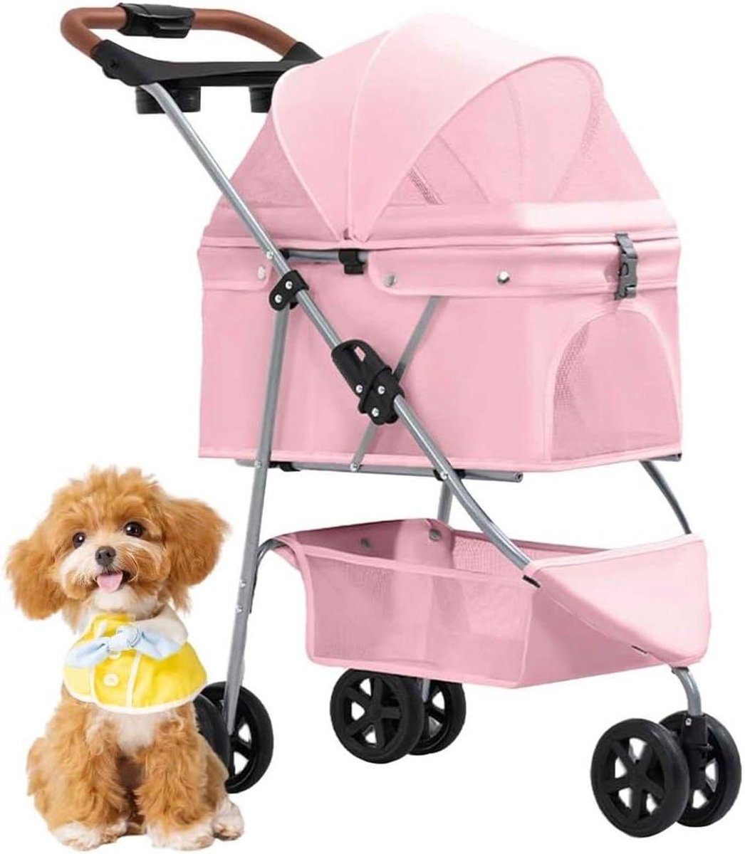 Driewielige Hondenbuggy - Hondenwagen Reizen - Dagelijkse Wandelingen - Opvouwbaar Met Opbergmand - 65 x 45 x 92 cm - Roze