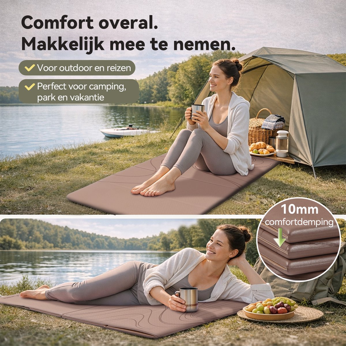 Funlife Opvouwbare Yogamat 190 x 66 cm - 10 mm Dik - Antislip Fitnessmat voor Yoga, Pilates en Thuis Workout - Karamel Flow Design thumbnail 2