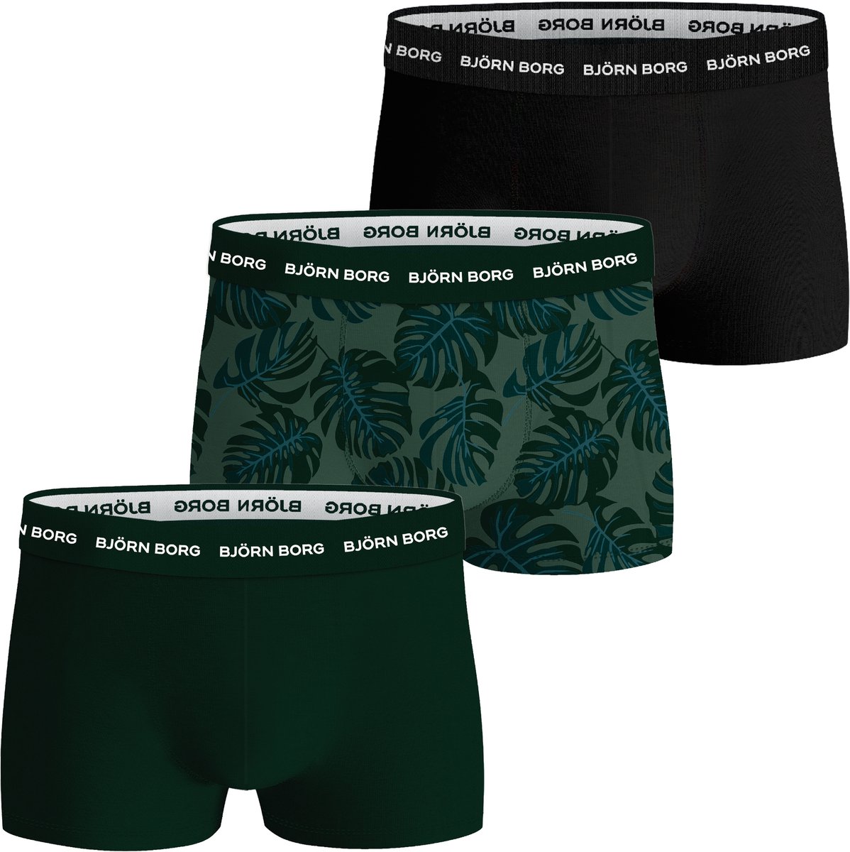 Björn Borg Cotton Stretch trunks - heren boxers korte pijp (3-pack) - zwart - zwart - groen print