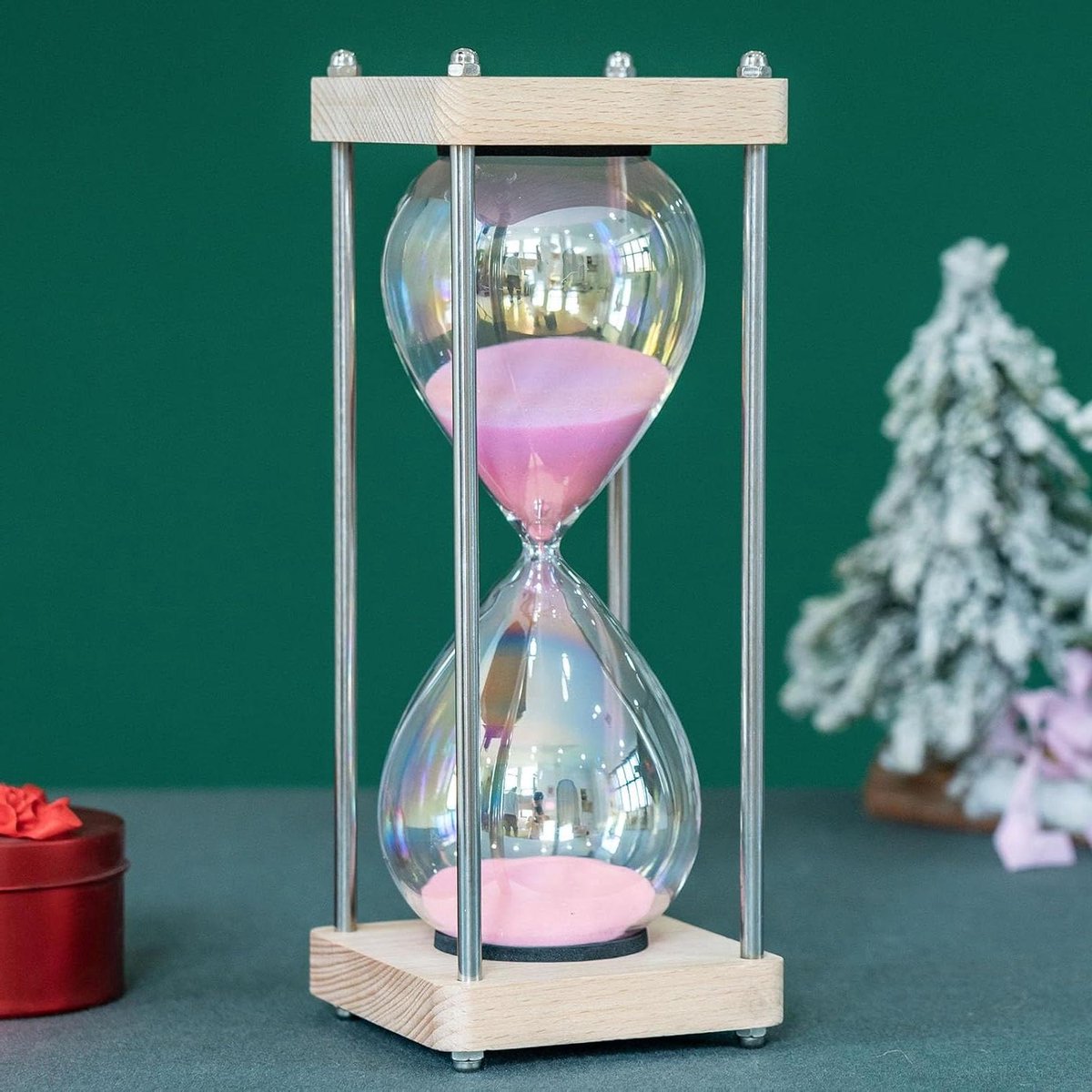 Zandloper Timer - Zandklok Decoratie - Tijdmanagement Thuis - Handgeblazen Pastelglas - 25 cm Hoog - Roze