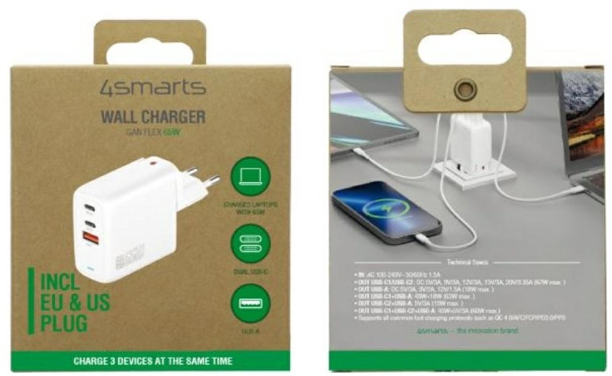 4smarts GaN Flex 65W 1x USB 2x USB-C Snellader PD Adapter Wit