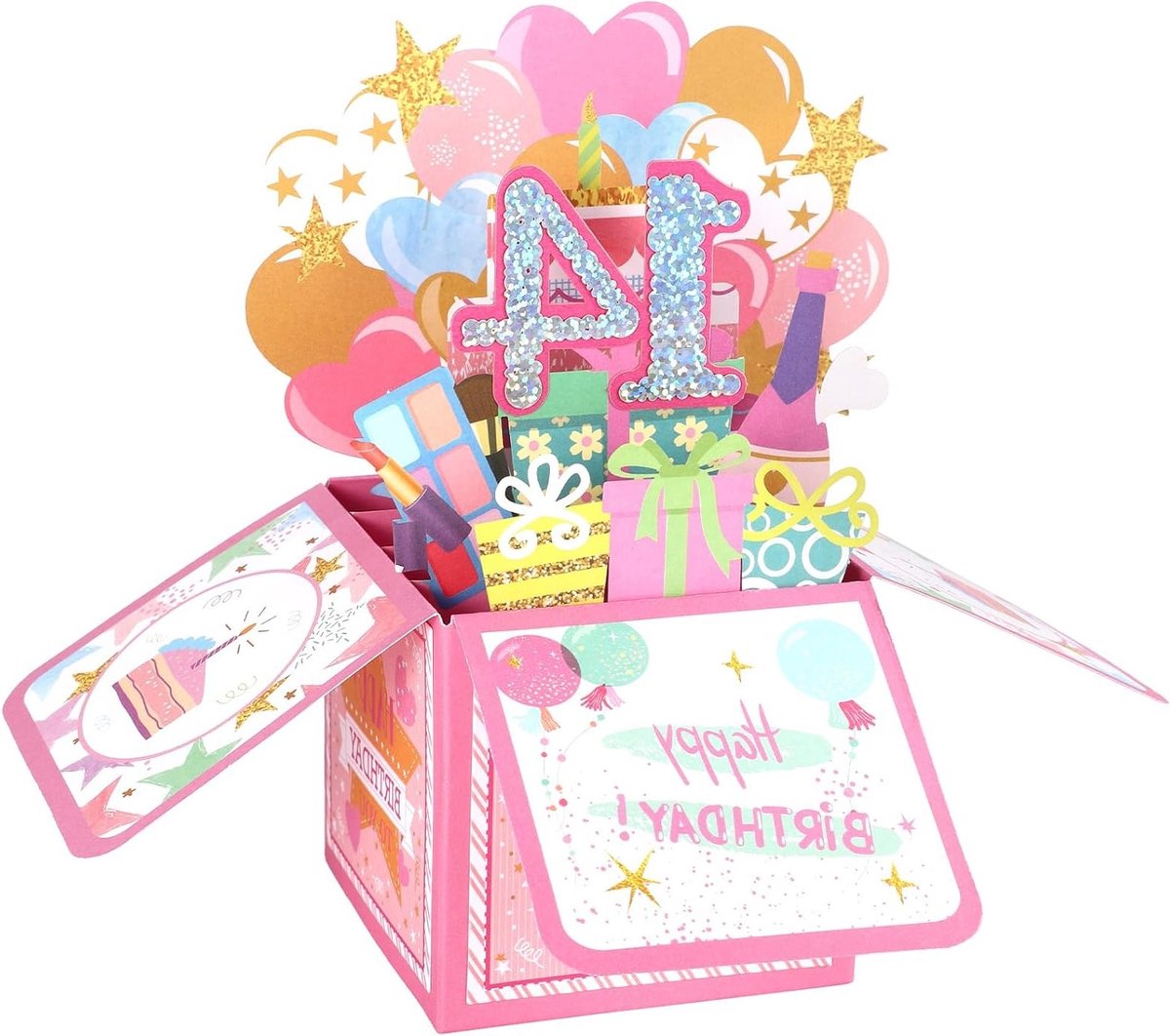 Vrolijke 14e Verjaardag Pop-up Kaart, Shiny 3D Kaart met Envelop en Groet, Leuke Verjaardagsdecoratie voor Meisjes met Bemoediging van Ouders