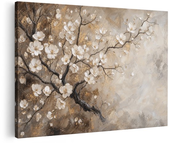 Tableau abstrait de fleurs blanches sur des branches sombres, avec des accents dorés sur fond beige.