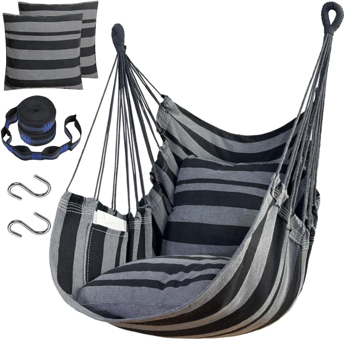Hangmat Stoel - Schommelstoel Touw - Ontspannen Buiten - Handgeweven Katoen - 132 x 99 cm - Zwart-grijs