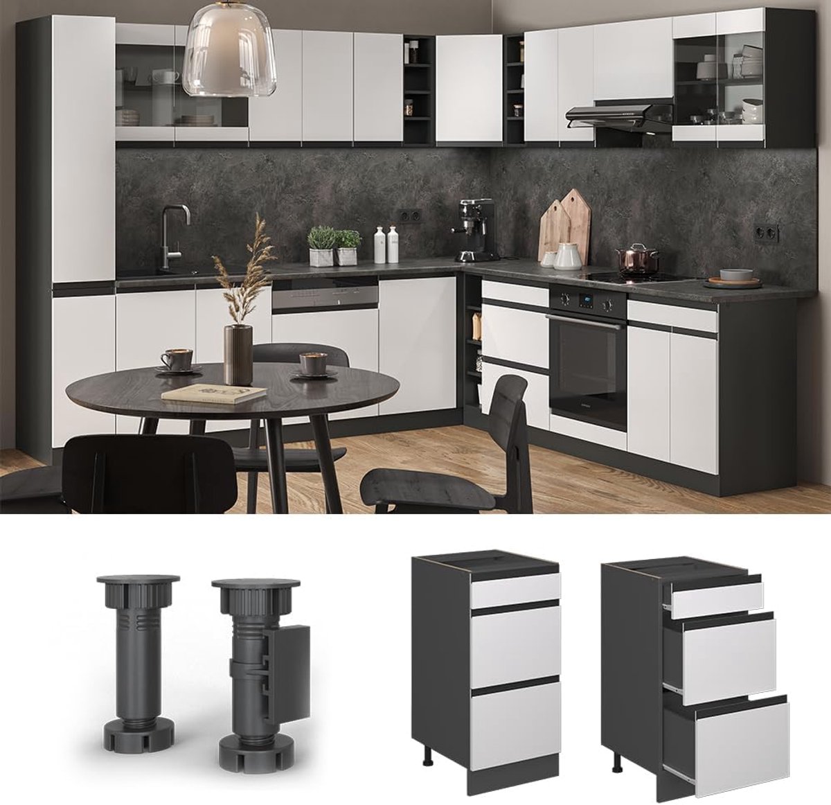 Keukenonderkast - Ladekast Keuken - Keuken Organiseren - Greeploos J-vorm - 40 cm - Wit