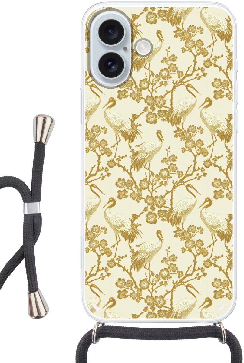Telefoonhoesje Geschikt voor iPhone 16 Plus met koord - Kraanvogels - Kersenbloesem - Goud - Siliconen - Crossbody - Backcover met Koord - Telefoonhoesje met koord - Hoesje met touw Telefoonhoesje
