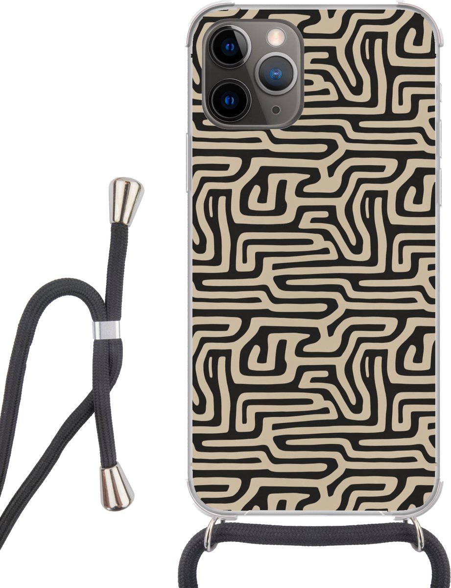 Telefoonhoesje Geschikt voor iPhone 12 pro crossbody - Grafisch - Lijnen - Zwart - Siliconen - Crossbody - Backcover met Koord - Telefoonhoesje met koord - Hoesje met touw Telefoonhoesje