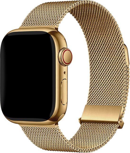 Gouden milanees smartwatchbandje om een zwarte smartwatch.
