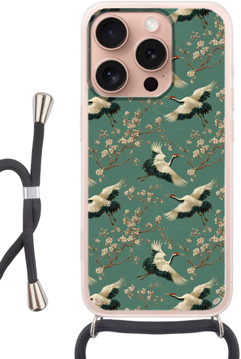 Telefoonhoesje Geschikt voor iPhone 16 Pro - Kersenbloesem - Kraamvogels - Groen - Siliconen - Crossbody - Backcover met Koord - Telefoonhoesje met koord - Hoesje met touw Telefoonhoesje