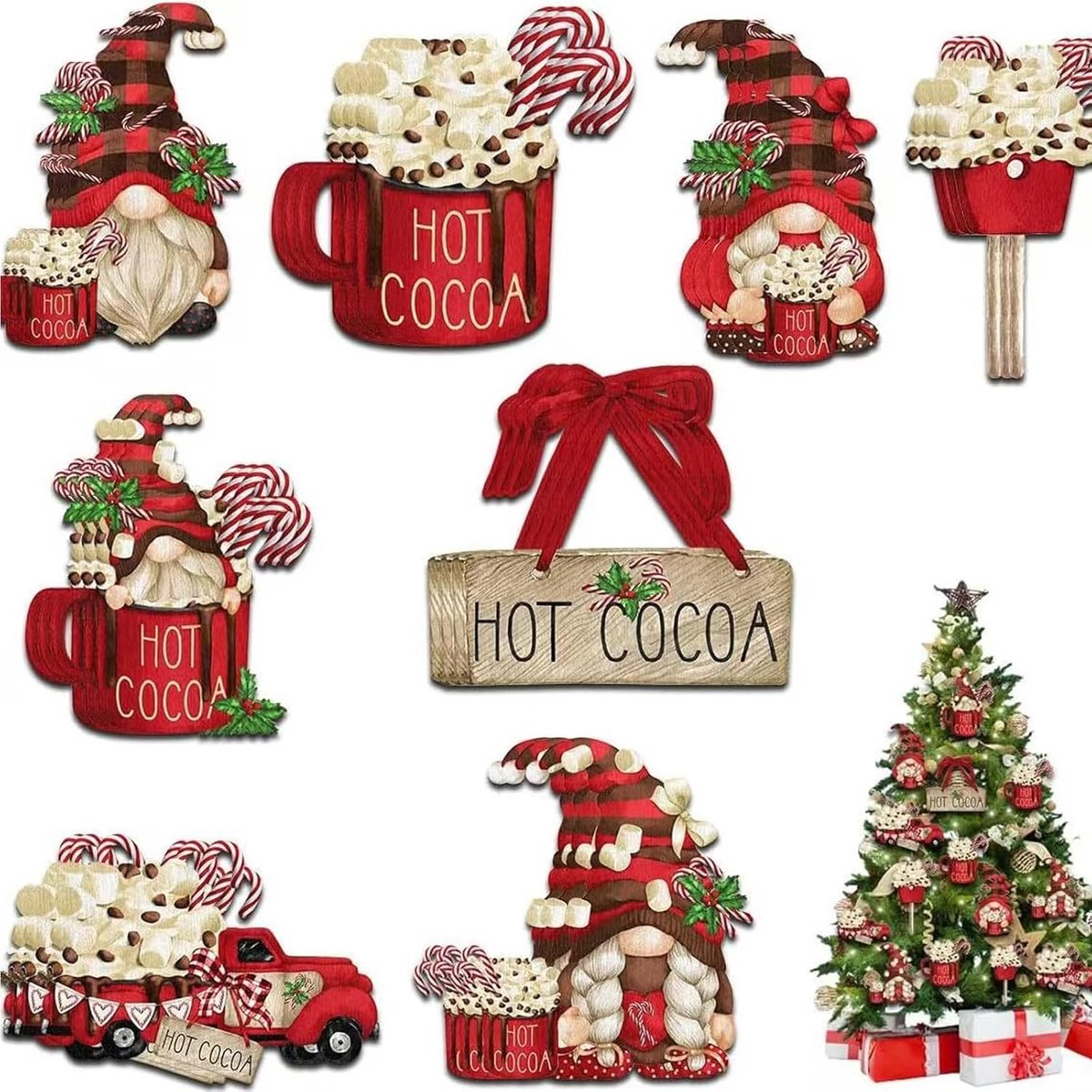 Kerstboomdecoraties - Houten Hangers - 24 Stukken - Traditionele Natuurlijke Houten Kerstboomversieringen met Jute Draad - Handgeschilderde Motieven voor Feestelijke Sfeer - Cadeautags - Thuisaccessoires