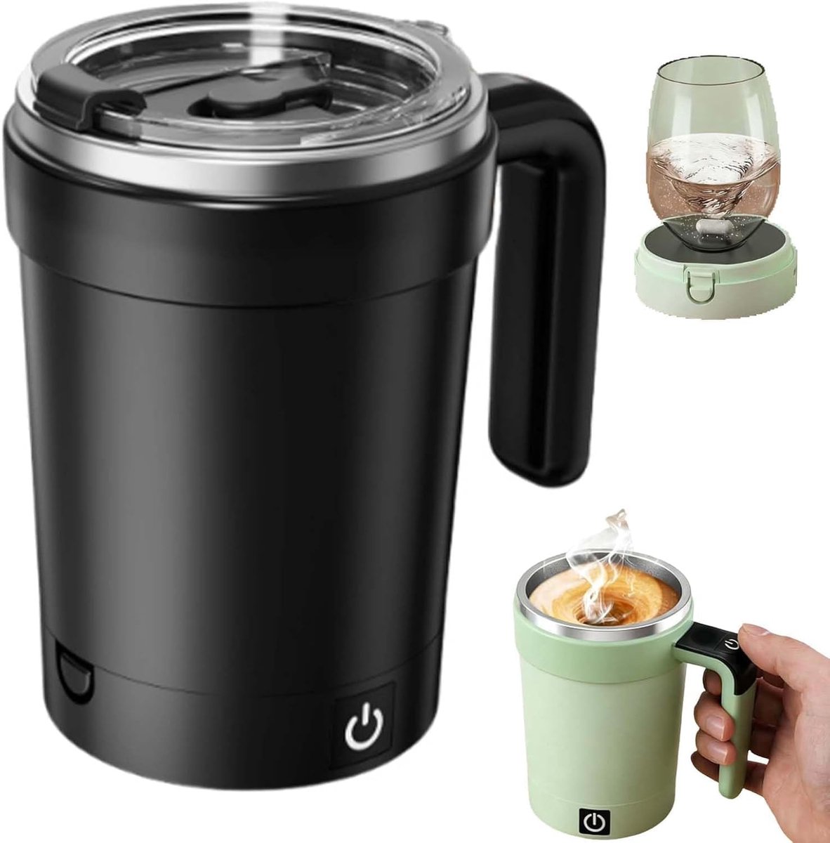 Elektrische koffiemok met zelfroerend systeem - reismokverwarmer - automatische magnetische roerfunctie - reismok met roerfunctie - koffiemokverwarmer - zwart