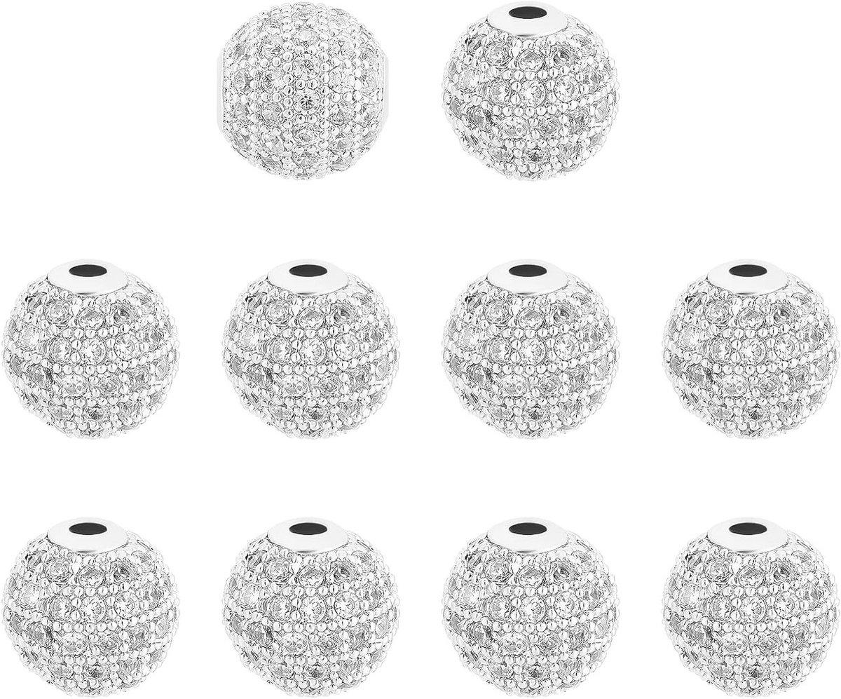 10mm crystal Cubic Zirconia pave micro setting ronde kraaltjes voor sieraden maken, disco ball spacer kralen, connector charms in platina kleur - 10 stuks in een box