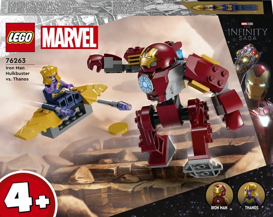 LEGO Marvel Iron Man Hulkbuster vs. Thanos set op rotsachtige achtergrond. Rode Hulkbuster vecht tegen paarse Thanos op gouden zweefvliegtuig.