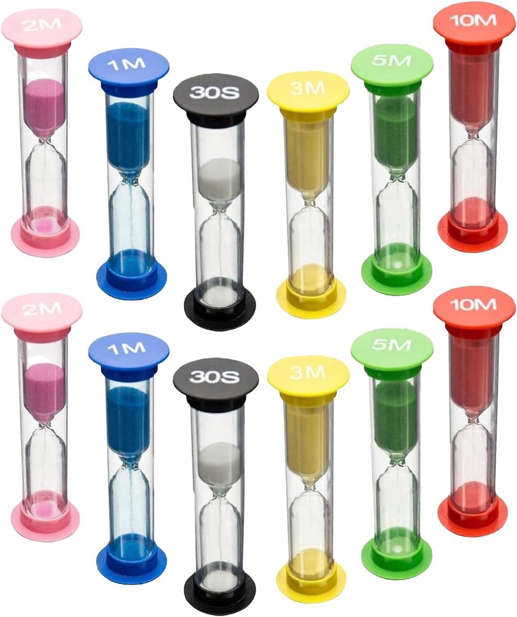 12 pcs gekleurde zandlopers - 30 seconden - 1 minuut - 2 minuten - 3 minuten - 5 minuten - 10 minuten - kleine timer - geschikt voor kinderschool - kantoor - tanden poetsen voor kinderen - kinderopvang