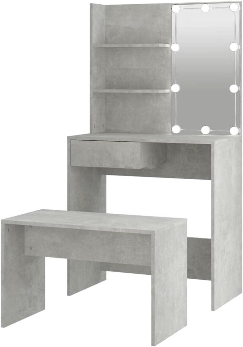 Kaptafel Set - Make-up Tafel - Snel Klaarmaken - Met LED Verlichting - 74.5 x 40 x 141 cm - Betongrijs